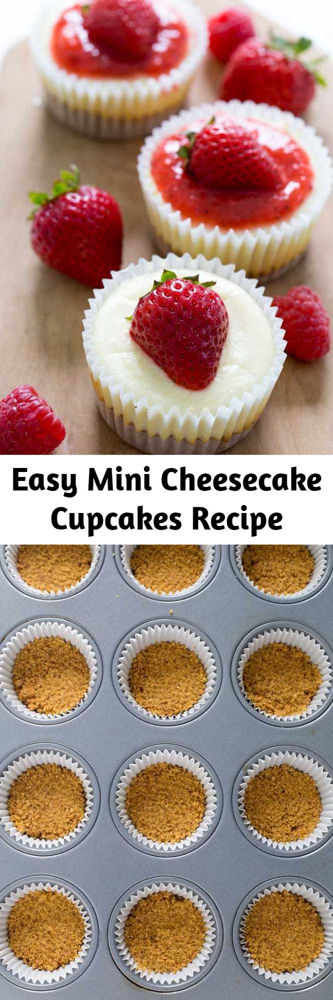 Easy Mini Cheesecake Cupcakes Recipe - Super Easy Mini Cheesecake Cupcakes. Layered with a graham cracker crust and creamy tangy cheesecake. Top with salted caramel sauce, chocolate or strawberry sauce!