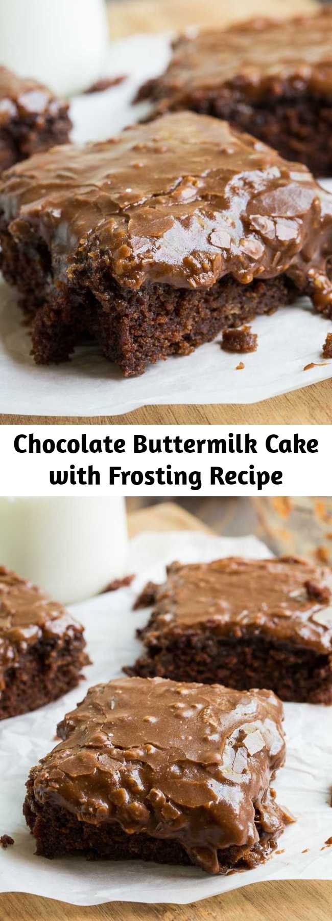 Chocolate Buttermilk Cake with Frosting Recipe - A moist and chocolaty buttermilk cake topped with a sweet and fudgy chocolate buttermilk frosting with pecans. A simple, old-fashioned dessert that never goes out of style because it's so darn good.