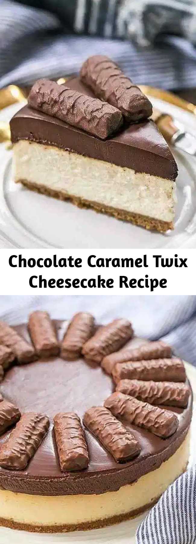 Chocolate Caramel Twix Cheesecake Recipe - A blissful Chocolate Caramel Twix Cheesecake with a dreamy cheesecake topped with a thick, exquisite ganache before a drizzle of buttery caramel sauce! Every bite will make you swoon! #cheesecake #twix #caramel #ganache