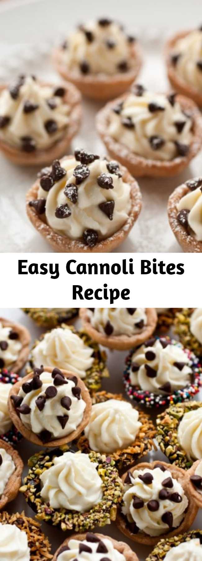 Easy Cannoli Bites Recipe - All the flavors of cannoli in mini oven baked treats. Made with a crisp pastry shell, filled with a sweet ricotta filling and finished with chocolate chips. Who could resist this tempting treat?