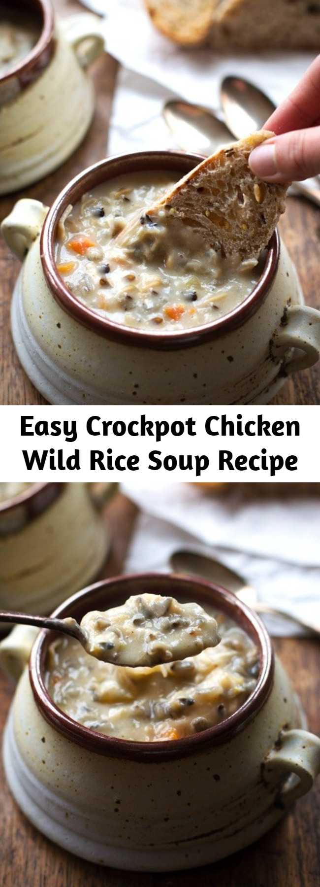 Easy Crockpot Chicken Wild Rice Soup Recipe - This Crockpot Chicken Wild Rice Soup is so darn simple to make and goes perfectly with a piece of crusty bread on a cold winter night. #soup #crockpot #slowcooker #chicken #easy #dinner
