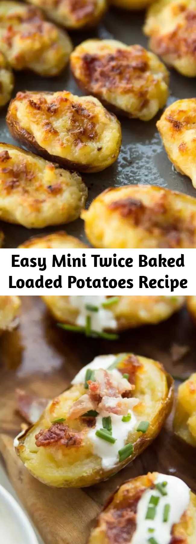 Easy Mini Twice Baked Loaded Potatoes Recipe - These Mini Twice Baked Potatoes are loaded with bacon and served with sour cream and fresh chives. Say hello to your new favourite finger food! #cheese #bacon #potato #loadedpotatoes