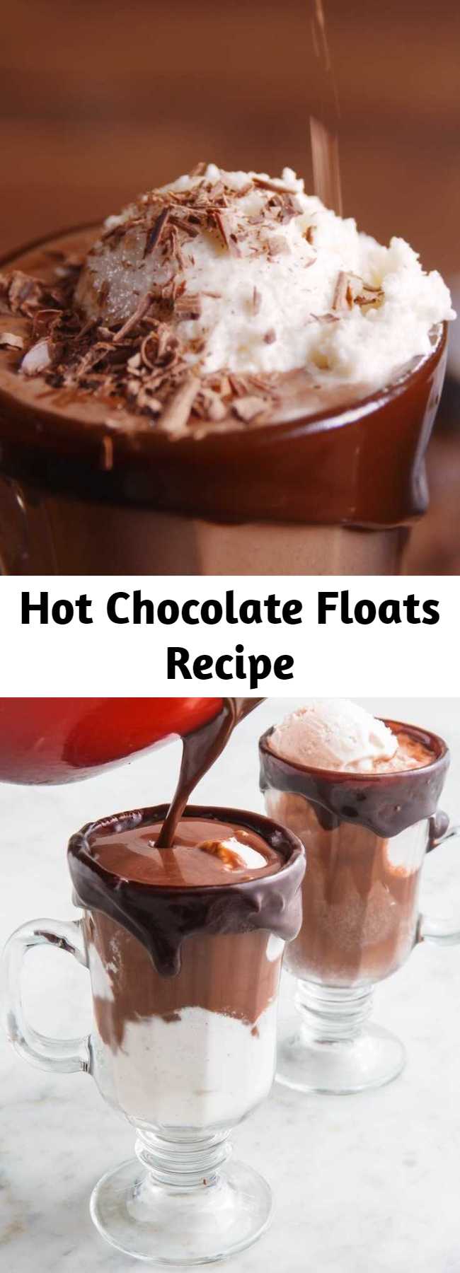 Hot Chocolate Floats Recipe - Homemade hot chocolate is super fudgy and wayyyy more delish than packaged mix. It's also insanely easy to make on the stovetop. Top off each mug with a big scoop of vanilla ice cream and you're in for a dangerously decadent treat. #easy #recipe #cocoa #hot #chocolate #icecream #floats #winter #desserts