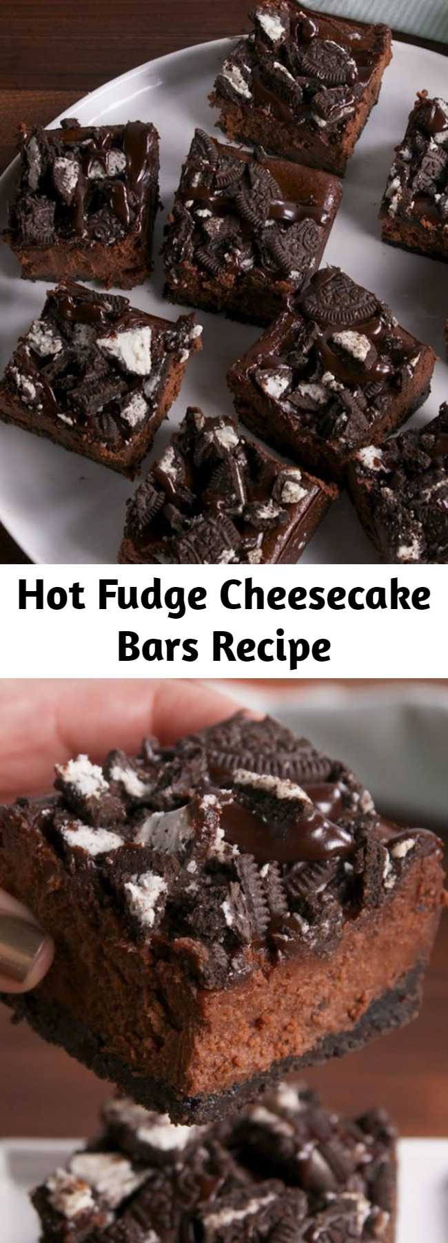 Hot Fudge Cheesecake Bars Recipe - The chocolate lover's dream. This will fulfill all your chocolate fantasies. #food #easyrecipe #dessert #ideas #chocolate