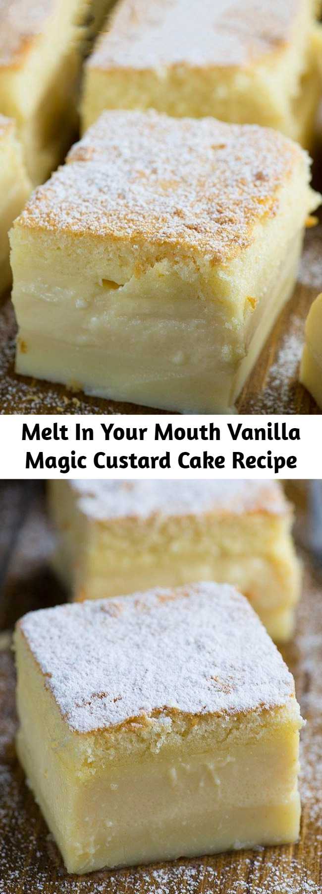 Melt In Your Mouth Vanilla Magic Custard Cake Recipe - Vanilla Magic Custard Cake is melt-in-your-mouth soft and creamy. You have to try this delicious, triple layered cake. A custard-like vanilla filling separates a light, fluffy layer on top and a dense cake layer on the bottom, to create the ultimate vanilla cake recipe! #magiccake #custardcake #vanillacake #custard #cakerecipe