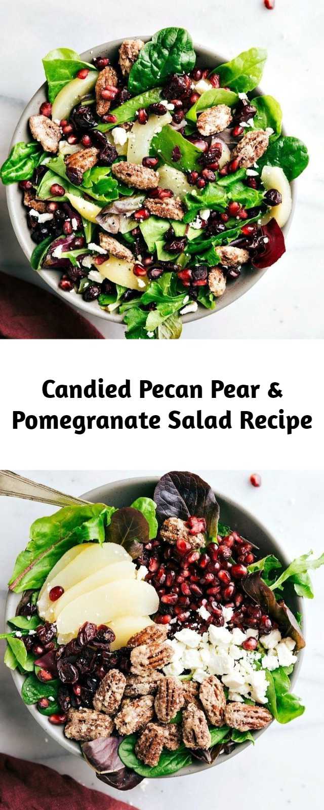 Pear Salad Recipe (Perfect Holiday Salad) - An easy to make and delicious pear salad — candied pecans, pears, pomegranates, dried cranberries, & feta cheese with a raspberry poppyseed dressing.