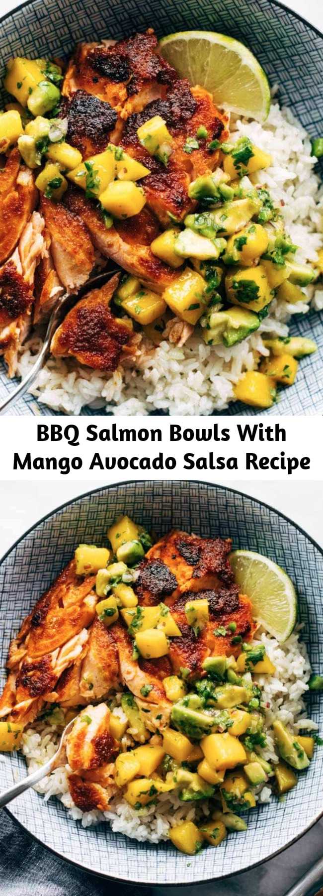 BBQ Salmon Bowls With Mango Avocado Salsa Recipe - BBQ Salmon Bowls with Mango Avocado Salsa! An easy and impressive dinner with yummy smoky-sweet flavor and a zip of zesty homemade salsa to take it over the top. The BEST weeknight dinner. #salmon #dinner #seafood #bbq