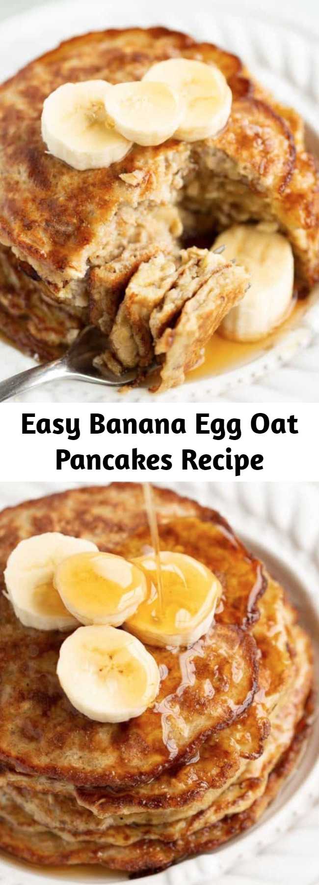 Easy Banana Egg Oat Pancakes Recipe - You only need 3-ingredients (banana, eggs and oats) to make these healthy, delicious pancakes. EASY, kid-friendly and perfect for using up bananas. Add a spoonful of peanut butter and a pinch of cinnamon to take these to the next level! #bananapancakes #bananaeggpancakes #healthypancakes #glutenfreepancakes