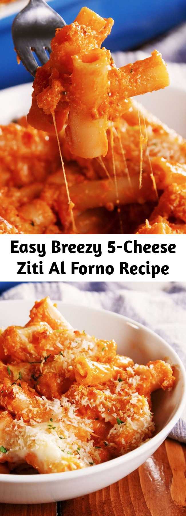 Easy Breezy 5-Cheese Ziti Al Forno Recipe - In case you missed it, copycat recipes are kind of our speciality. And this one tastes just like Olive Garden's 5-Cheese Ziti Al Forno…maybe better! Our advice: Buy a jar of marinara but make your own alfredo! #easy #recipe #pasta #cheese #fivecheese #olivegarden #copycat #ziti #baked #dinner #italian #comfortfood #redsauce #pastasauce