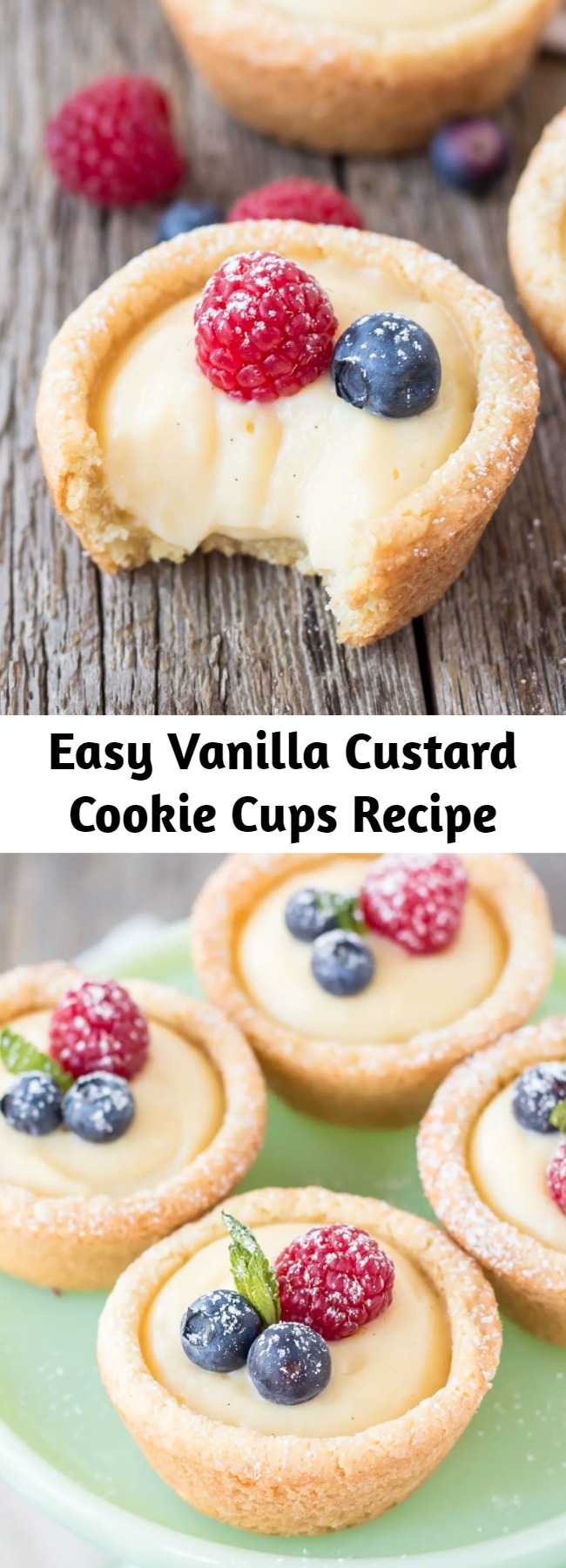 Easy Vanilla Custard Cookie Cups Recipe - Bite-sized sugar cookie cups filled with a creamy vanilla custard. Topped off with some fresh berries and a simple dusting of powdered sugar, these Vanilla Custard Cookie Cups are the perfect treat to tide you over until spring and summer.