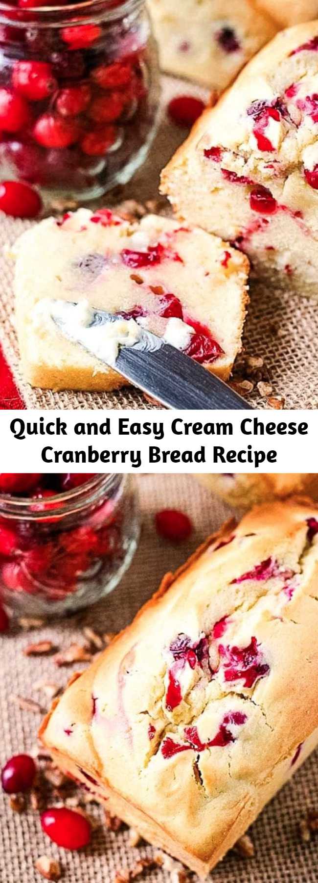 Quick and Easy Cream Cheese Cranberry Bread Recipe - This sweet cream cheese bread compliments the tart cranberries it's loading with resulting in an amazing Cream Cheese Cranberry Bread! If you are looking for a new quick bread recipe that is perfect for the fall and Thanksgiving you have found it. It's so amazingly soft and tender, plus quick and easy to make. I love a big slice with butter and a mug of coffee or for a quick snack in the afternoon! #cranberry #bread