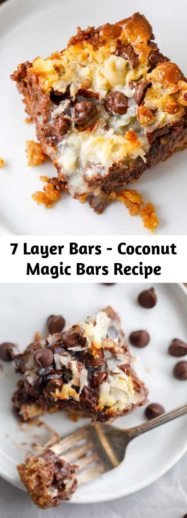 7 Layer Bars - Coconut Magic Bars Recipe - These coconut magic bars are so easy to make that it’s almost funny. It doesn’t seem like something so TASTY could result from layering a few ingredients in a baking dish. Y’all, these coconut magic bars are like HEAVEN. These ooey-gooey coconut magic cookie bars are my favorite dessert EVER! #Dessert #Coconut #Bars