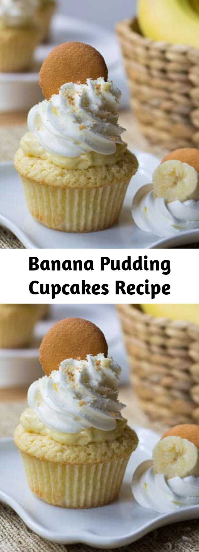 The cupcake version of banana pudding with a creamy pudding center, whipped topping and crushed vanilla wafers.