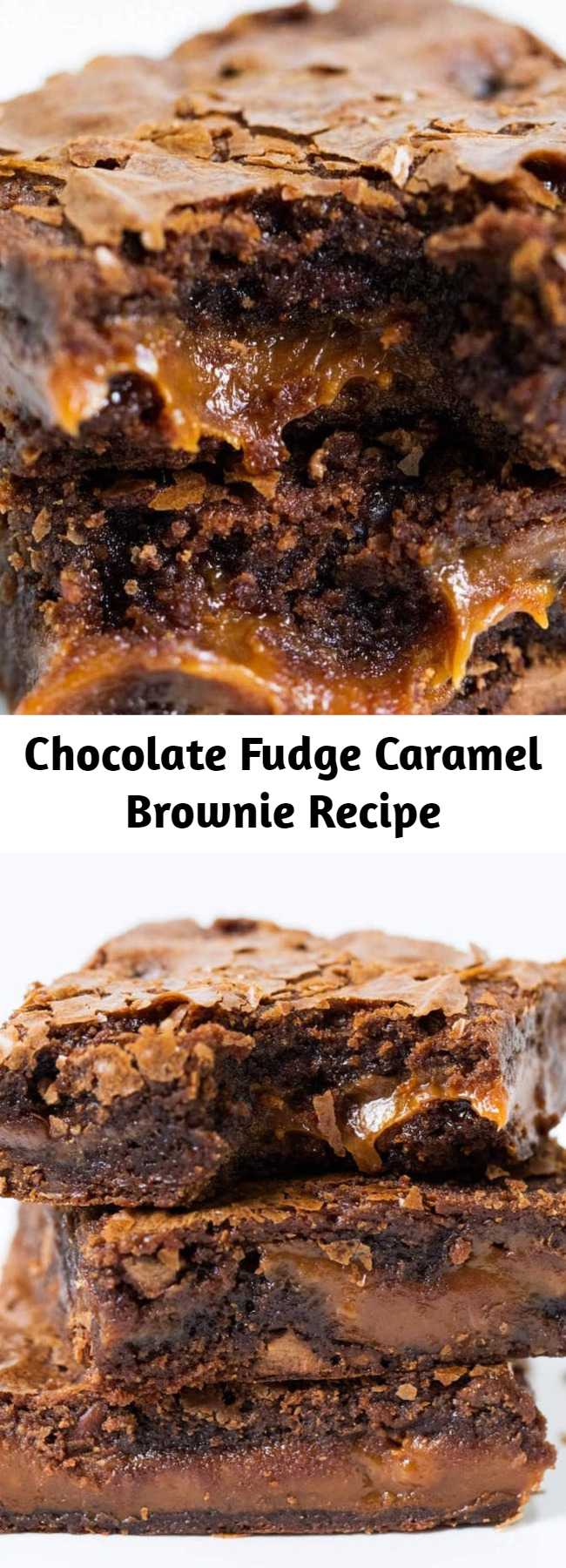 Chocolate Fudge Caramel Brownies - Easy to make brownies that are loaded with chocolate chips and layers of gooey caramel. Rich, chewy and simply amazing!
