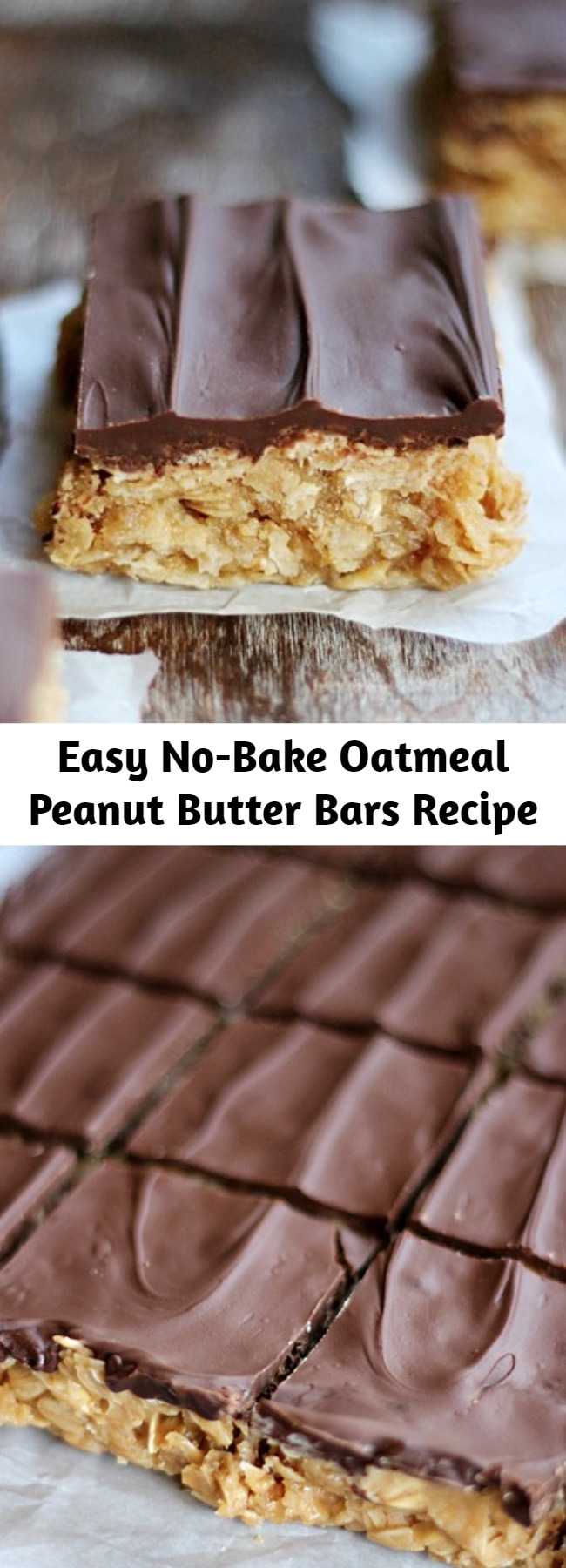 Easy No-Bake Oatmeal Peanut Butter Bars Recipe - Creamy peanut butter intertwining with oats, blanketed with melted chocolate and cut into bite size squares! You’ll love how easy and scrumptious these No Bake Oatmeal Peanut Butter Bars are! #NoBakeBars
