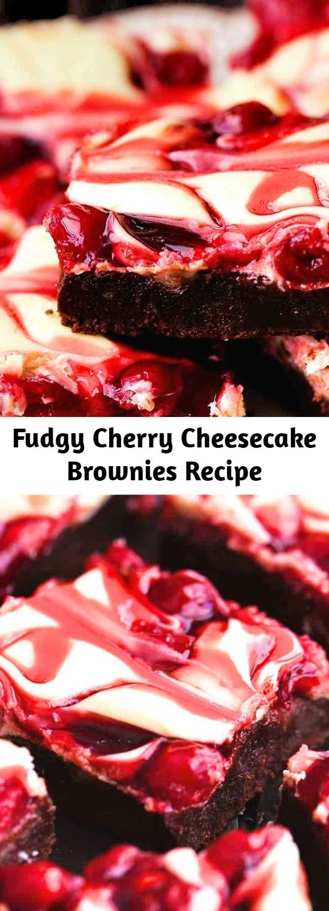 Fudgy Cherry Cheesecake Brownies Recipe - Fudgy brownies with cheesecake and premium Lucky Leaf® pie filling swirled on top! These brownies are rich and creamy and have three delicious desserts in one!