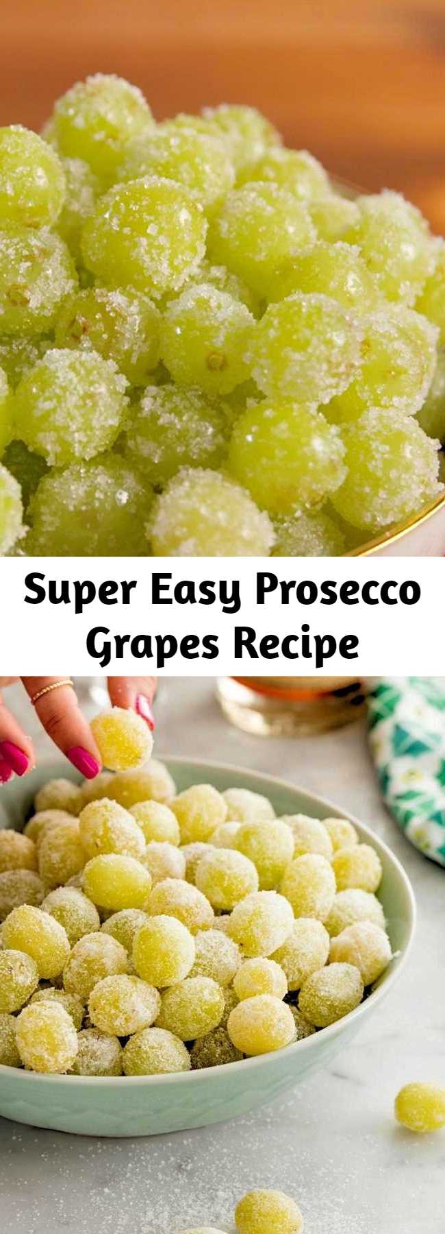 Super Easy Prosecco Grapes Recipe - These Sugared Prosecco Grapes are a super easy dessert recipe! These boozy, fun champagne soaked grapes are perfect for parties, as is or frozen! Give grapes a festive upgrade!