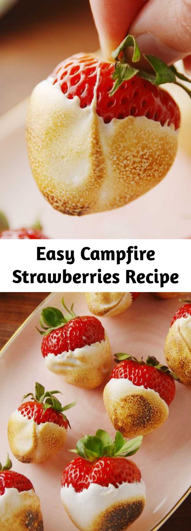 Easy Campfire Strawberries Recipe - If you're obsessed with s'mores, one reason you love them is for the toasted marshmallow flavor. These strawberries have that and so much more. They're dunked in melty marshmallow fluff, then torched over a campfire. They're healthy cuz they're fruit, right?! Check out this super easy for the best campfire strawberries.