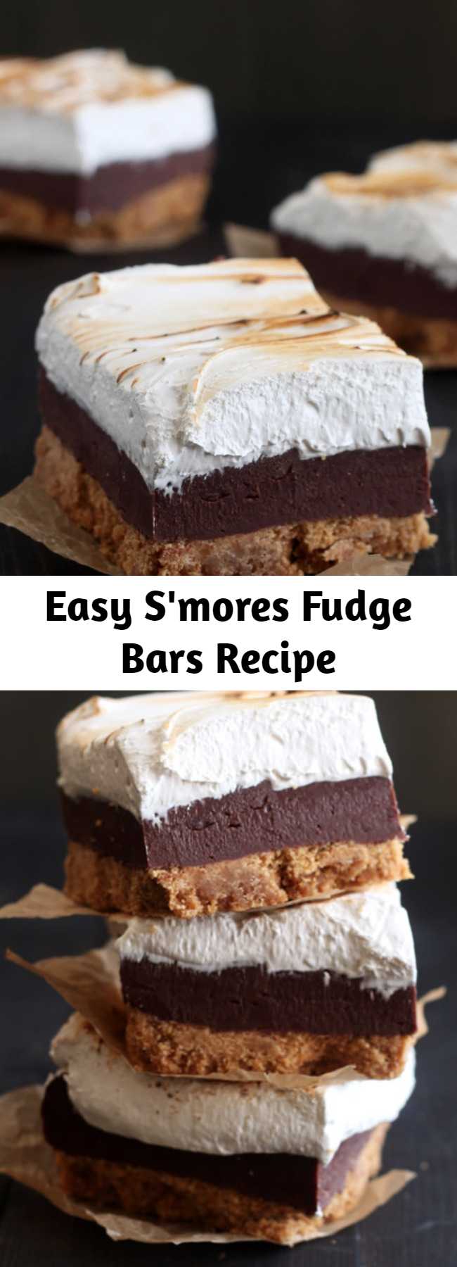 Easy S'mores Fudge Bars Recipe - S'mores Fudge Bars have a thick layer of buttery graham cracker crust, fudgy chocolate filling, and a homemade toasted marshmallow topping. Incredible! Perfect easy summer dessert recipe!