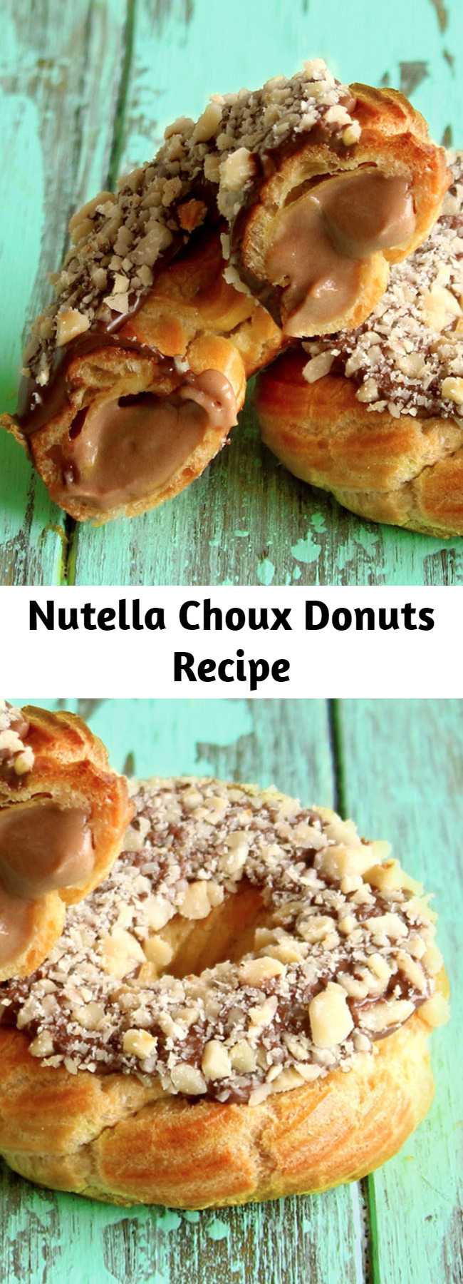 Nutella Choux Donuts Recipe - A light and fluffy choux pastry stuffed with Nutella cream, glazed, and then sprinkles with crushed hazelnuts! Once you taste Nutella custard, basic cream just won't do.
