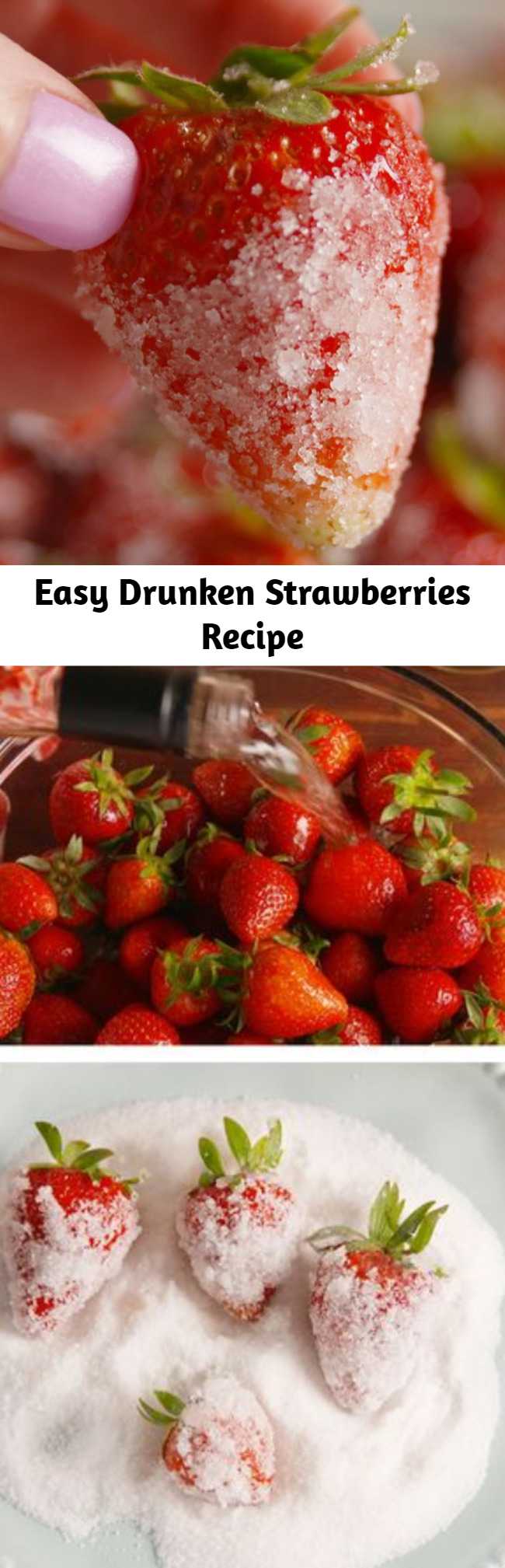 Easy Drunken Strawberries Recipe - This easy drunken strawberries recipe or whatever you want to call them, you’ll be calling them the perfect summer treat! Perfect to eat by themsleves or top a dessert. Easy to make with just 3 ingredients, you are going to love these boozy frozen strawberries!