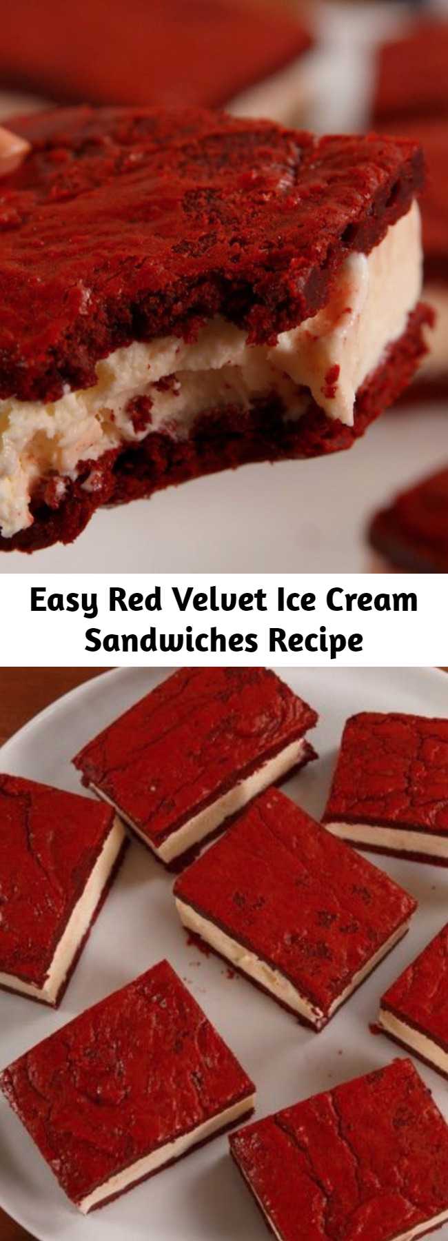 Easy Red Velvet Ice Cream Sandwiches Recipe - Red Velvet Ice Cream Sandwiches Recipe are the ultimate summer treat with homemade red velvet cookies, vanilla ice cream, and red white and blue sprinkles for the fourth of July or Memorial Day! Make them ahead of time for the BBQ. This is by far one of the best ways we've used box cake mix to date.