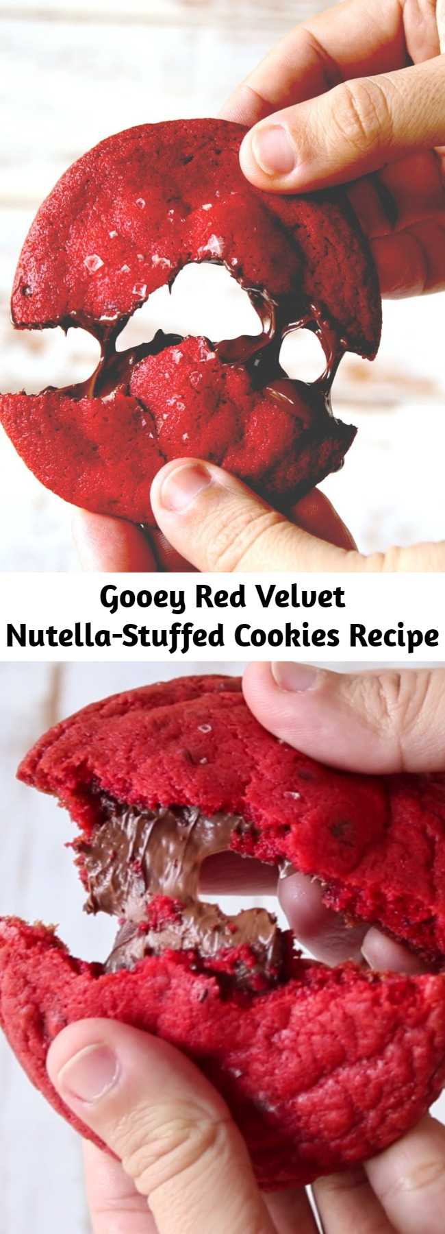 Gooey Red Velvet Nutella-Stuffed Cookies Recipe - Red velvet cookies are even better when they're stuffed with warm melted Nutella. Oh baby! You won't be able to stop at one. So rich and gooey, they speak for themselves.