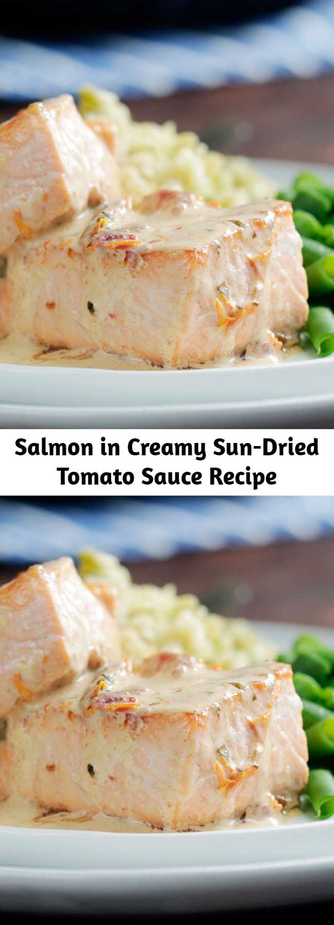 Salmon in Creamy Sun-Dried Tomato Sauce Recipe - Layer on the flavor with a creamy sun-dried tomato sauce over lightly seasoned sauteed salmon.