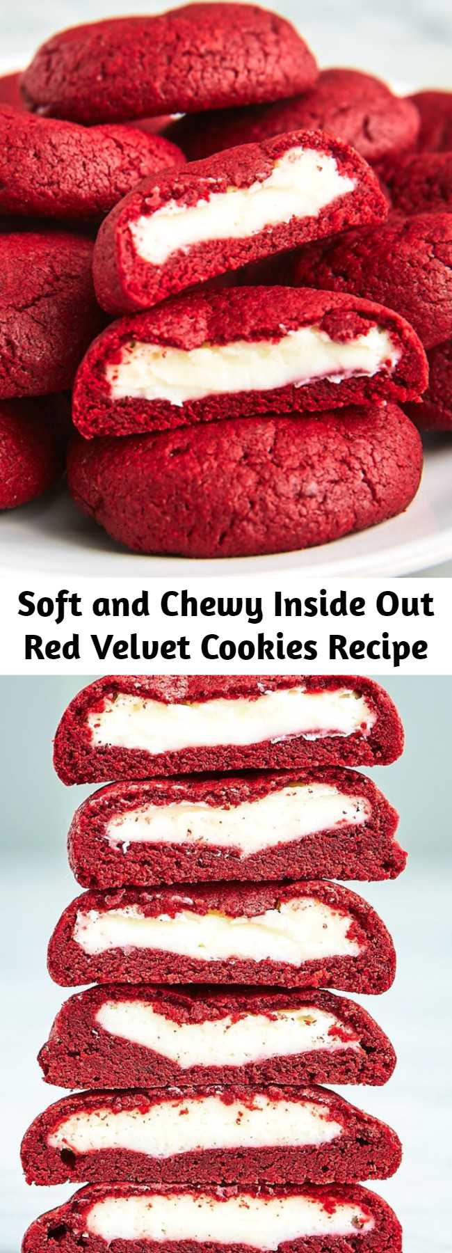 Soft and Chewy Inside Out Red Velvet Cookies Recipe - Get your Red Velvet Cake (frosting and all) in cookie form! These irresistibly soft and chewy red velvet cookies stuffed with real deal cream cheese frosting, are pretty amazing!