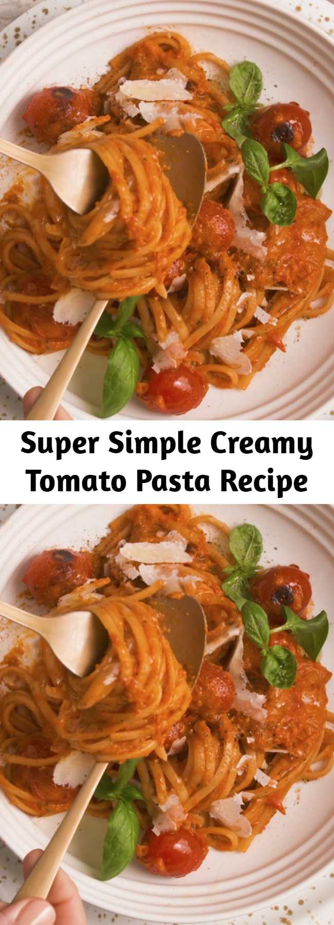 Super Simple Creamy Tomato Pasta Recipe - Roasted tomatoes, red peppers + onions and garlic blended together with some fresh basil leaves and creamy = the most simple yet delicious pasta sauce!