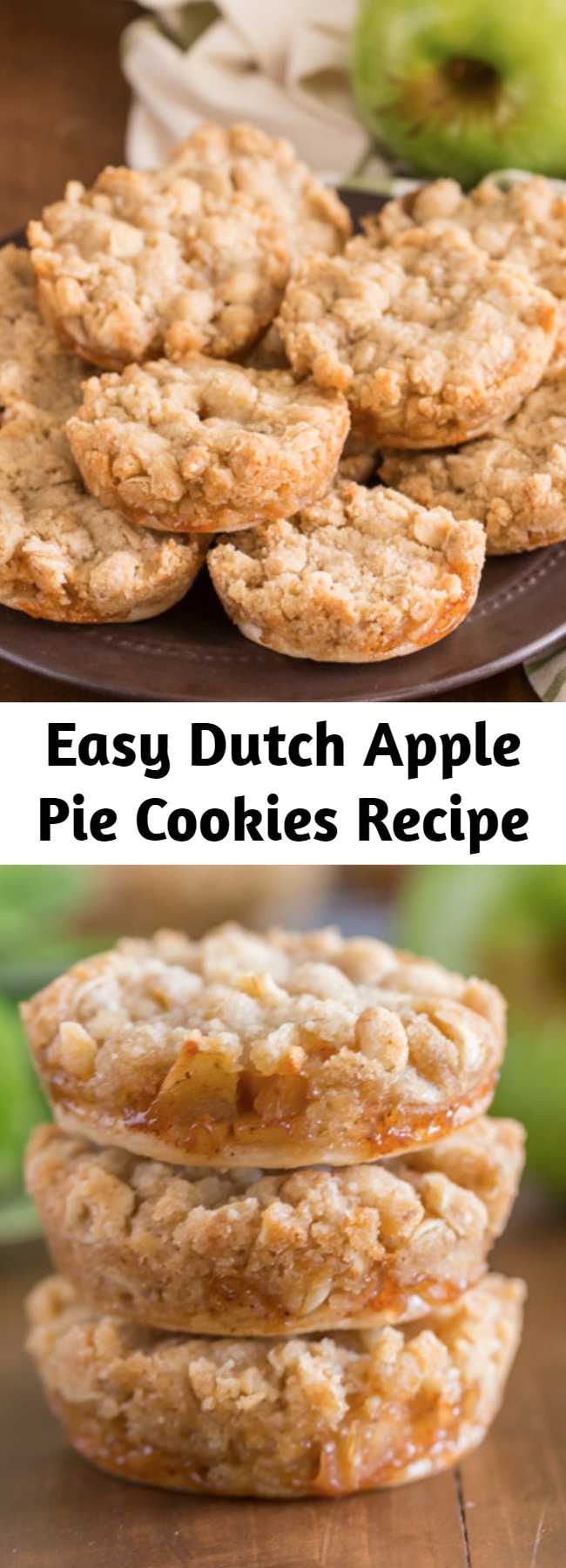 Easy Dutch Apple Pie Cookies Recipe - These are the perfect little three bite apple pie -slash- cookie.  They have a circle of pie crust on the bottom, then a layer of finely diced cinnamon apple filling, with the most delicious, sweet, buttery crumb topping.