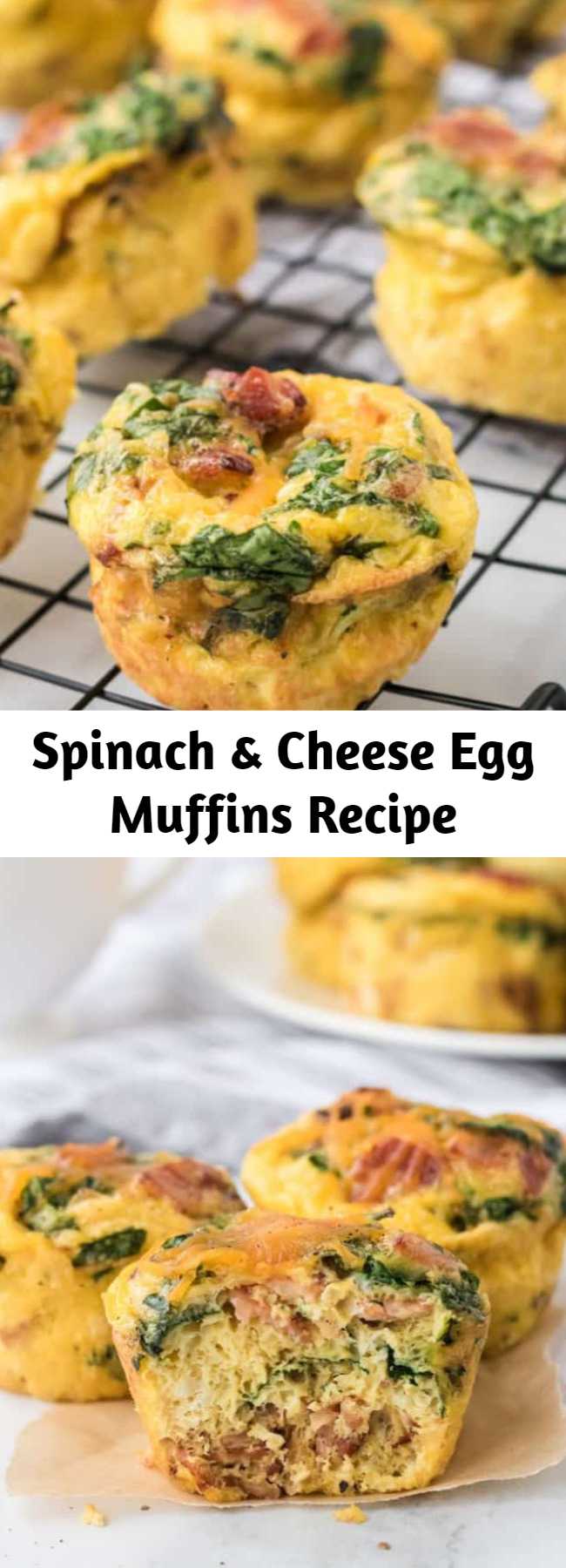 Spinach & Cheese Egg Muffins Recipe - These Spinach & Cheese Egg Muffins are a mini frittata made with bacon, onions, cheese and spinach. Always a breakfast fave! Not only was it easy to make, but it was filling and so good. I never felt like I was eating “diet food”. It almost feels too good to be true. Like how can I lose weight eating such yummy food? Yet, it happens! #eggmuffins #eggs #cheese #spinach