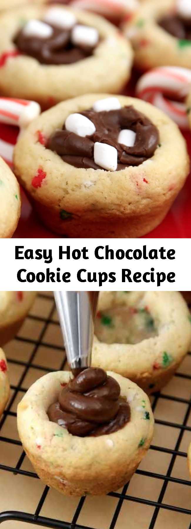 Easy Hot Chocolate Cookie Cups Recipe - Quick and easy dessert recipe that’s so festive and great for Christmas! These Hot Chocolate Cookie Cups are all-time favorite holiday treats combining sugar cookie dough, chocolate fudge and candy cane handles. They’re so festive and perfect for holiday parties and DIY gifts!