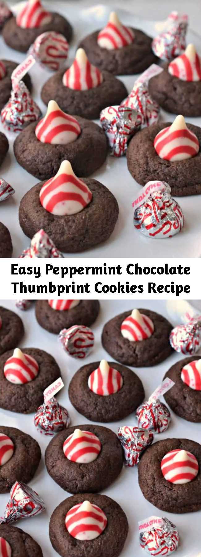 Easy Peppermint Chocolate Thumbprint Cookies Recipe - Easy Peppermint Chocolate Thumbprint Cookies are delicious buttery chocolate treats that are baked to perfection and topped with a colorful red and white chocolate peppermint kiss.