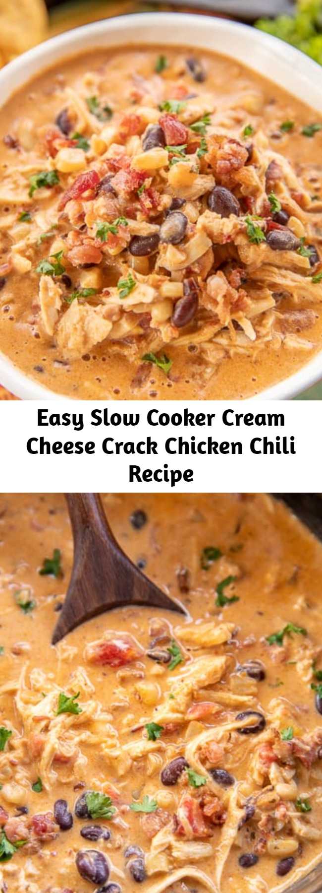 Easy Slow Cooker Cream Cheese Crack Chicken Chili Recipe - this stuff is AMAZING! We’ve made it 3 times this month! We can’t get enough of it!!! Chicken, corn, black beans, chicken broth, diced tomatoes and green chiles, cumin, chili powder, onion, ranch seasoning, bacon and cheddar cheese. We served the chili with some cornbread and Fritos. PERFECT! This is already on the menu again this weekend! YUM! #crockpot #slowcooker #chili #chickenchili