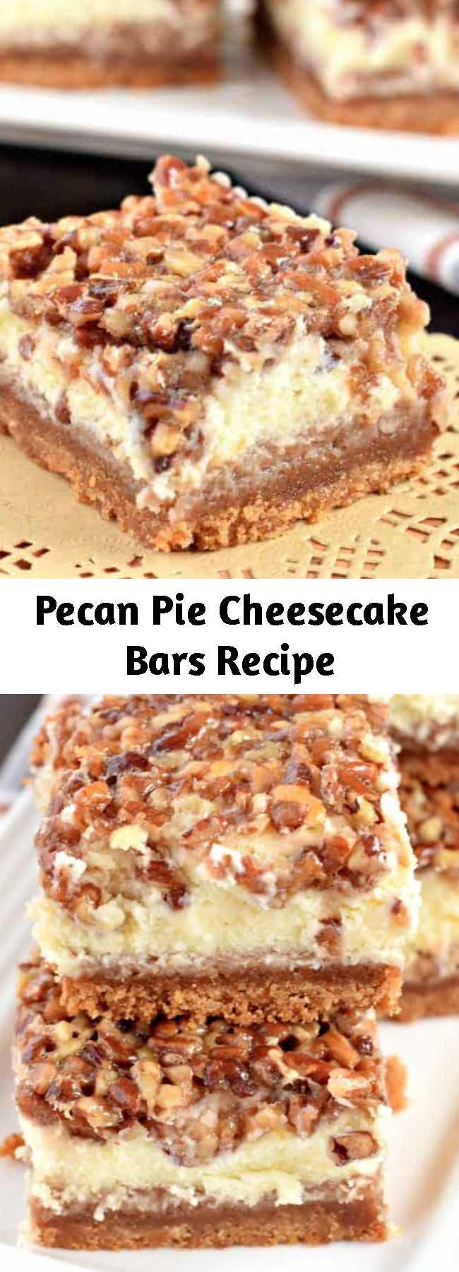 Pecan Pie Cheesecake Bars Recipe - The layers on these Pecan Pie Cheesecake Bars are incredible! One tasty bite and you'll fall in love! From the graham cracker crust, to the sweet cheesecake filling and the pecan pie topping, this holiday dessert receives rave reviews from everyone!