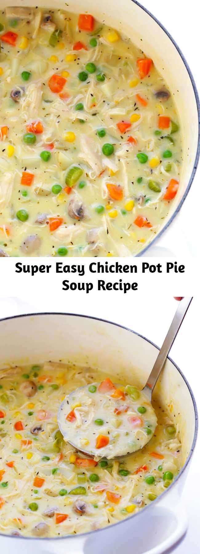 Super Easy Chicken Pot Pie Soup Recipe - This Chicken Pot Pie Soup recipe is simple to make, lightened up with a few easy tweaks, and deliciously rich and creamy.