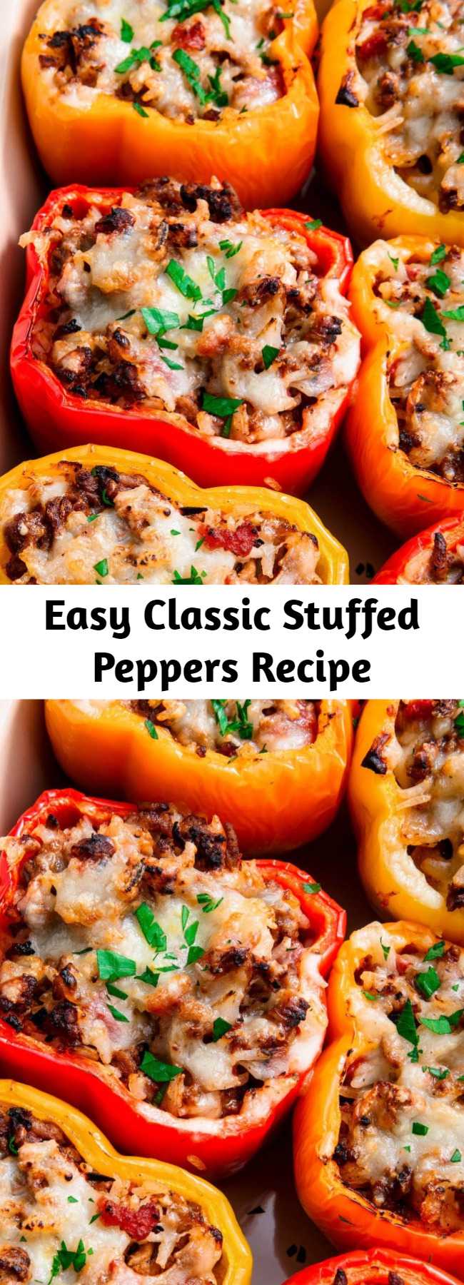 Easy Classic Stuffed Peppers Recipe - Classic Stuffed Peppers are the fast family dinner you need. #recipe #easy #easyrecipes #stuffedpeppers #peppers #dinner #dinnerrecipes #groundbeef #cheese #healthy #lowcarb #lowcarbrecipes #family