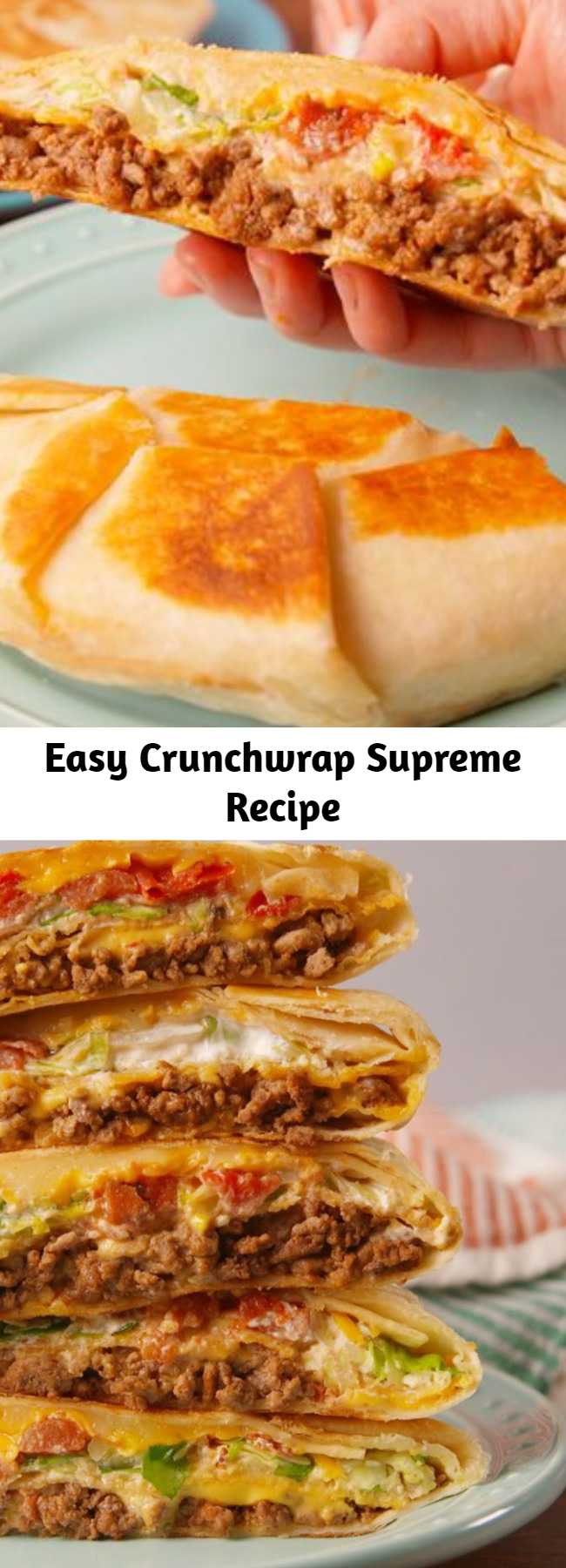Easy Crunchwrap Supreme Recipe - Trust us, this is every bit as good as the real thing! This copycat recipe has all the main components of the iconic Taco Bell offering: seasoned ground beef, nacho cheese sauce, lettuce, tomatoes, sour cream, and, most importantly, a crunchy tostada shell. #easy #recipe #tacobell #crunchwrapsupreme #beef #nacho #cheese #tortilla #mexicanfood #copycat