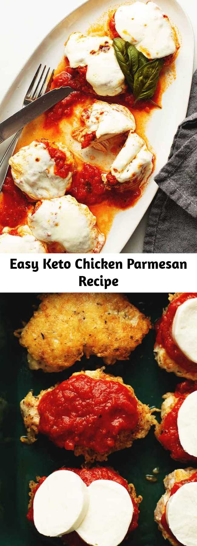 Easy Keto Chicken Parmesan Recipe - Keto chicken parmesan is a quick, easy, and delicious recipe to make for dinner. Thin chicken breasts are crusted in parmesan cheese, pan fried until golden brown, then topped with marinara and melty mozzarella cheese!