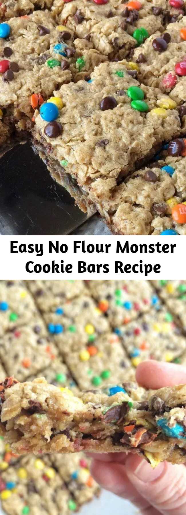 Easy No Flour Monster Cookie Bars Recipe - No flour monster cookie bars are the perfect back-to-school snack! They freeze really well and who can resist these bars loaded with oatmeal, peanut butter, chocolate chips, and m&m's?!