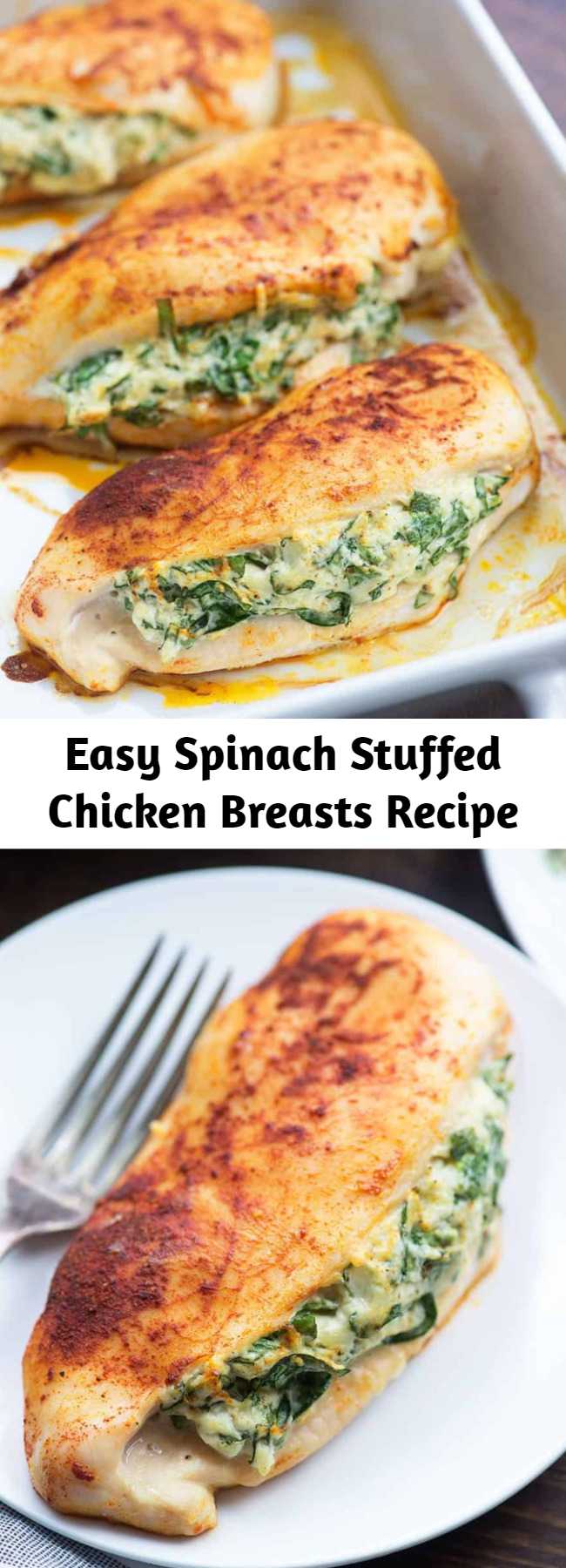 Easy Spinach Stuffed Chicken Breasts Recipe - These spinach stuffed chicken breasts are loaded with cream cheese, fresh spinach, and Parmesan cheese. It's going to be a new low carb family favorite! The cream cheese and Parmesan add a ton of flavor to this spinach stuffed chicken and the whole recipe is super quick to prepare.