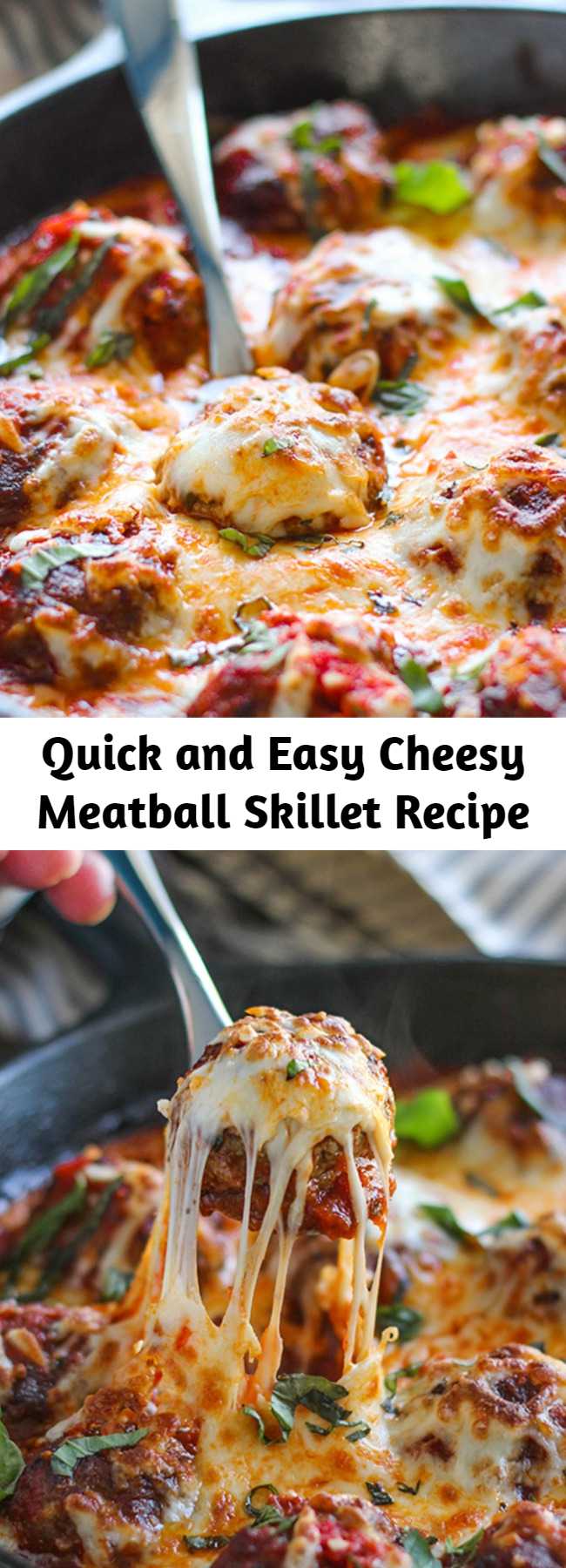 Quick and Easy Cheesy Meatball Skillet Recipe - This cheesy meatball skillet has so many ways to be enjoyed! Pop them in a sub or mix them with pasta, or have them with some bread!