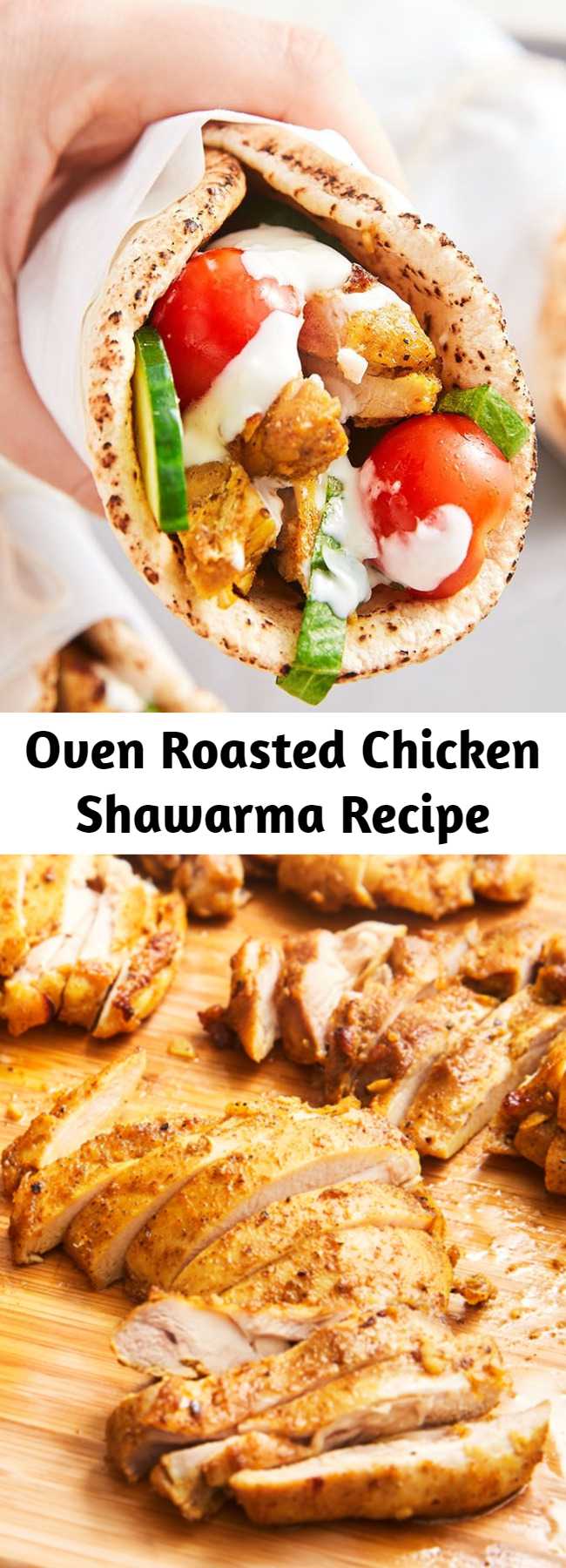 Oven Roasted Chicken Shawarma Recipe - Shawarma refers to the Middle Eastern method cooking where thin slices of meat, most traditionally lamb, are stack on a vertical spit and slowly rotate in front of a fire or other heat source. The outside meat is slowly cooked and then shaved off to serve. It's a common street food and the result is tender, juicy, well spiced meat.