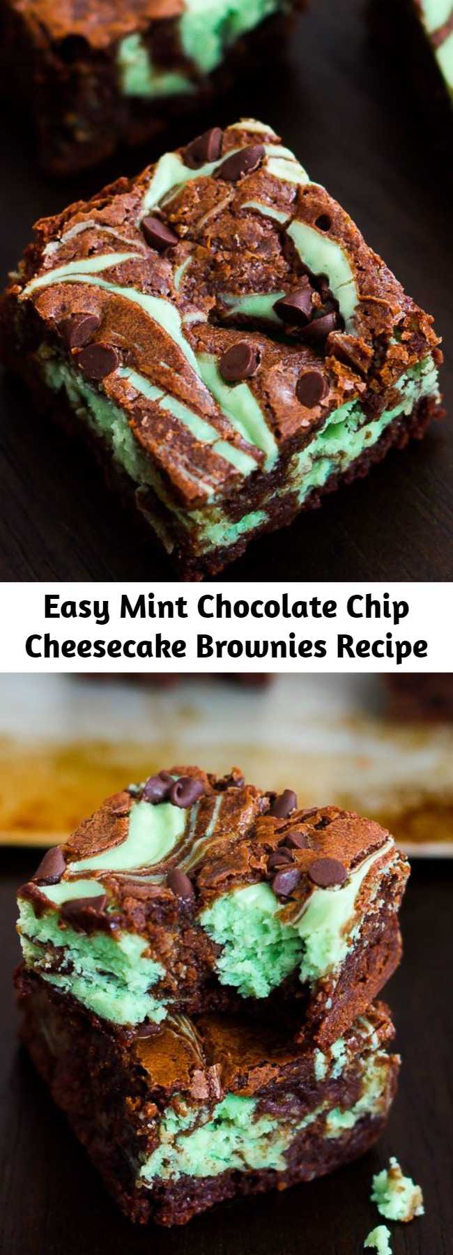 Easy Mint Chocolate Chip Cheesecake Brownies Recipe - Swirly, twirly, fudgy, minty, cheesecake goodness. I love these decadent mint chocolate brownies!