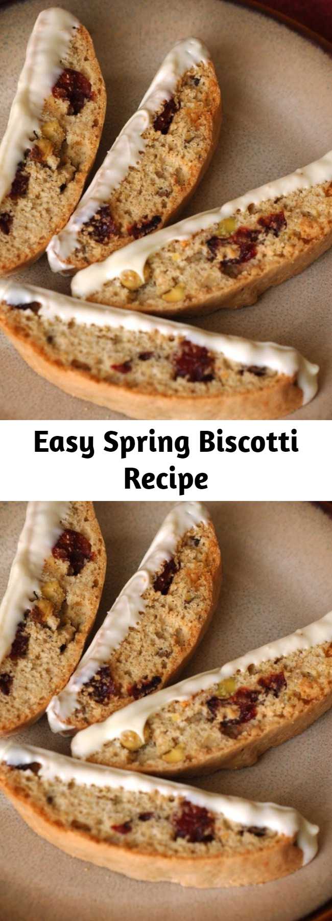 Easy Spring Biscotti Recipe - Fresh tasting biscotti with orange zest, dried cranberries, white chocolate, and pistachios. Very light and tasty.