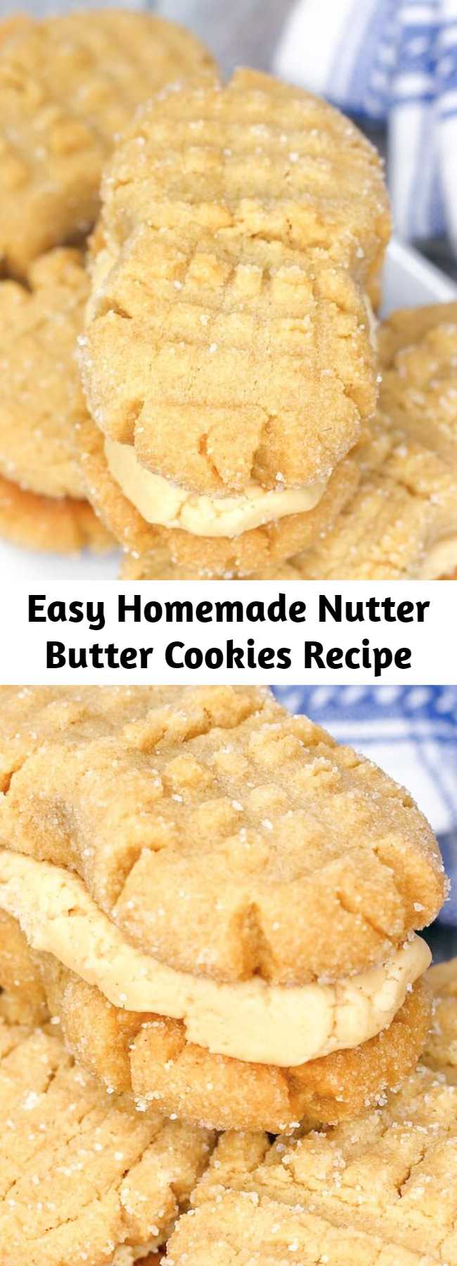 Easy Homemade Nutter Butter Cookies Recipe - Soft peanut butter cookies filled with luscious peanut butter cream — these Homemade Nutter Butter cookies might just be better than the "real" thing! #cookies #peanutbutter #desserts