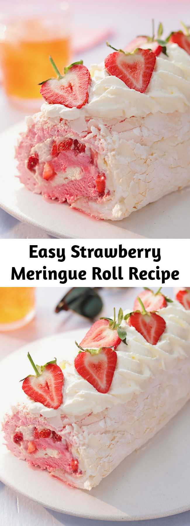 Easy Strawberry Meringue Roll Recipe - We've combined a pavlova and a swiss roll to make your ultimate fruity dessert! This strawberry meringue roll is a sure crowd pleaser.