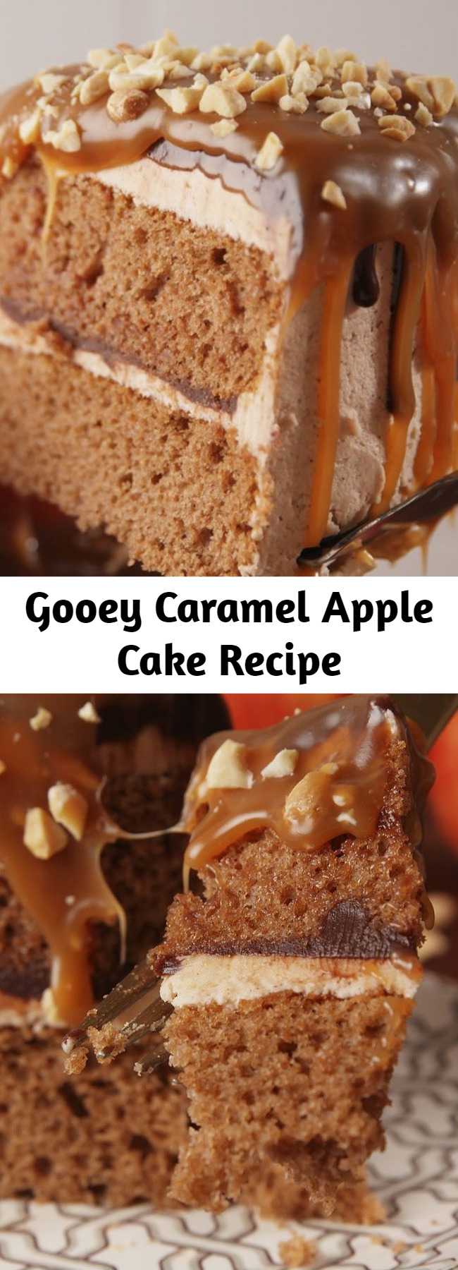 Gooey Caramel Apple Cake Recipe - This is a next level fall cake. A spiced cake is topped with a layer of caramel and then caramel apples, this cake is gorgeous. Perfect for every fall festivity you have coming your way.