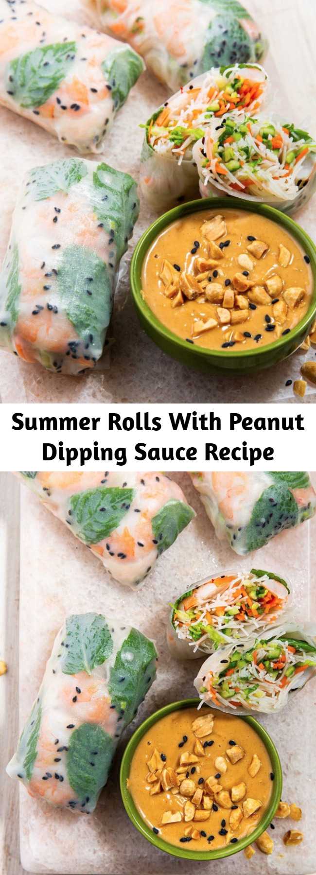 Summer Rolls With Peanut Dipping Sauce Recipe - No need to wait for summer to enjoy these bad boys! Brimming with shrimp, carrot, cucumbers, cabbage, and fresh herbs AND paired with a peanut dipping sauce, these will disappear right away at any party or gathering. They're incredibly refreshing!